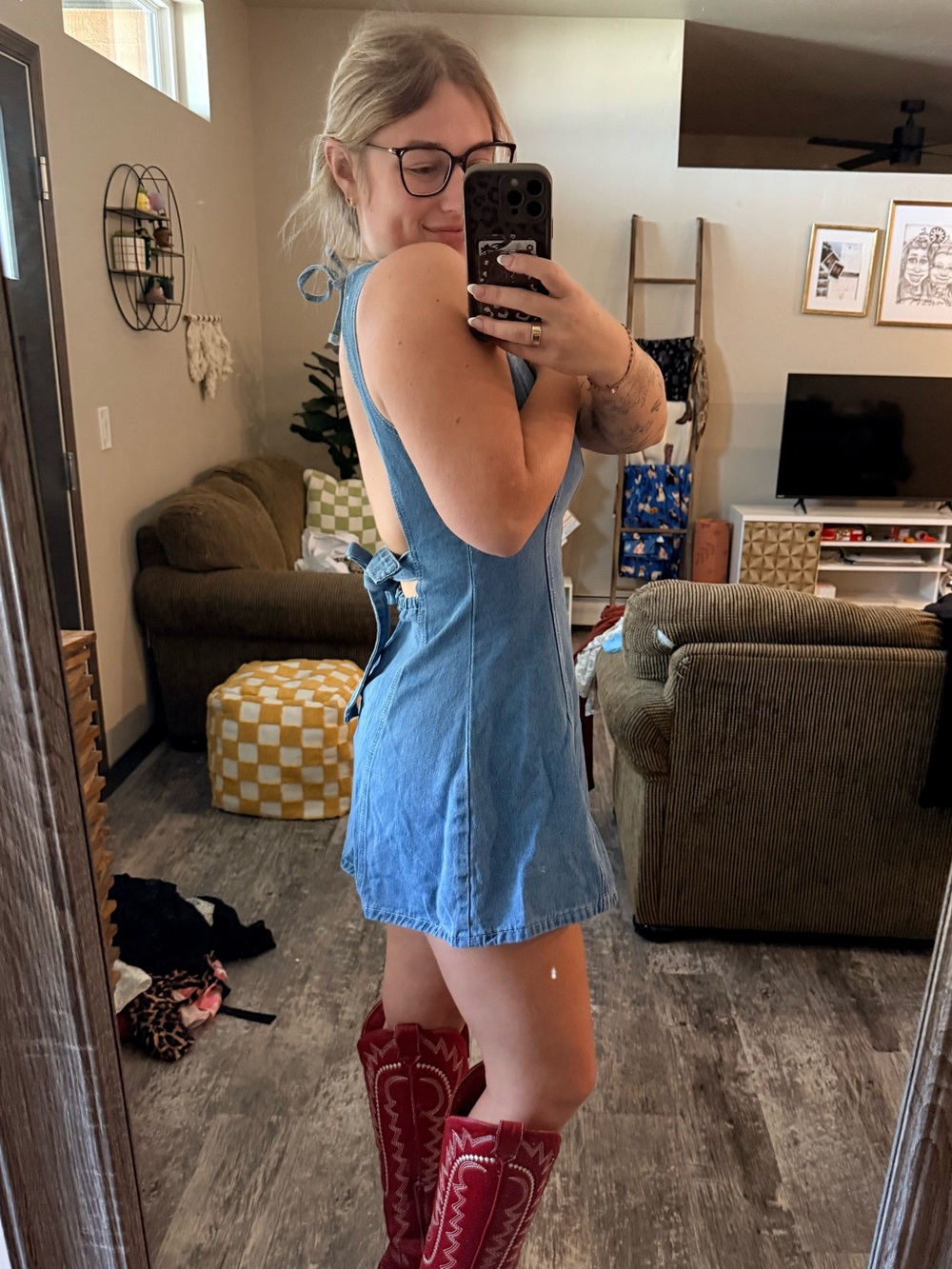 SHEIN Light Blue Denim Open-Back Mini Dress
